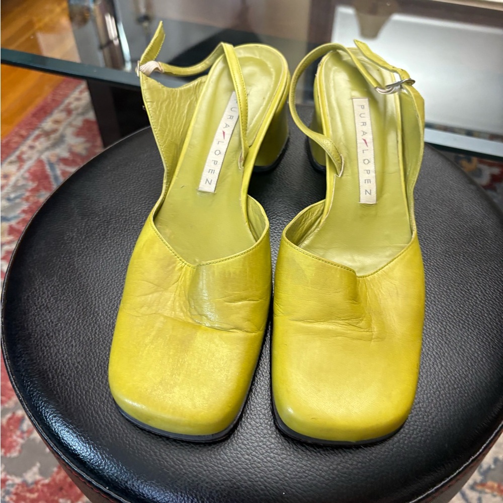 Pura Lopez Chartreuse Leather Slingback Mules